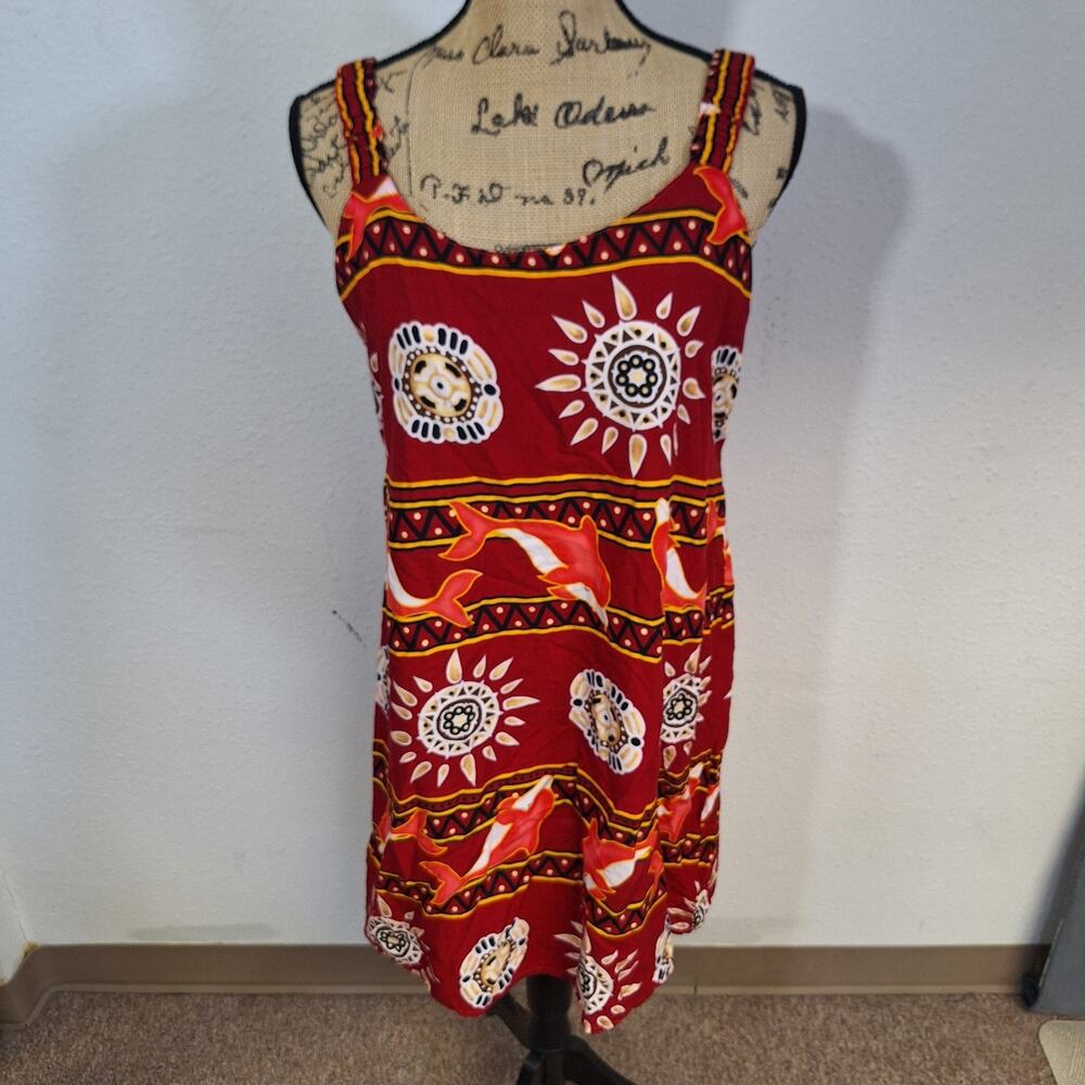 Surf Side Beach Red Dolphin Print Summer Beach Vacation Dress Size Medium